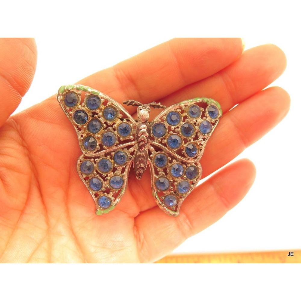 Vintage Art Deco Potmetal Silver Toned Dark Blue Rhinestone Butterfly Pin *A667